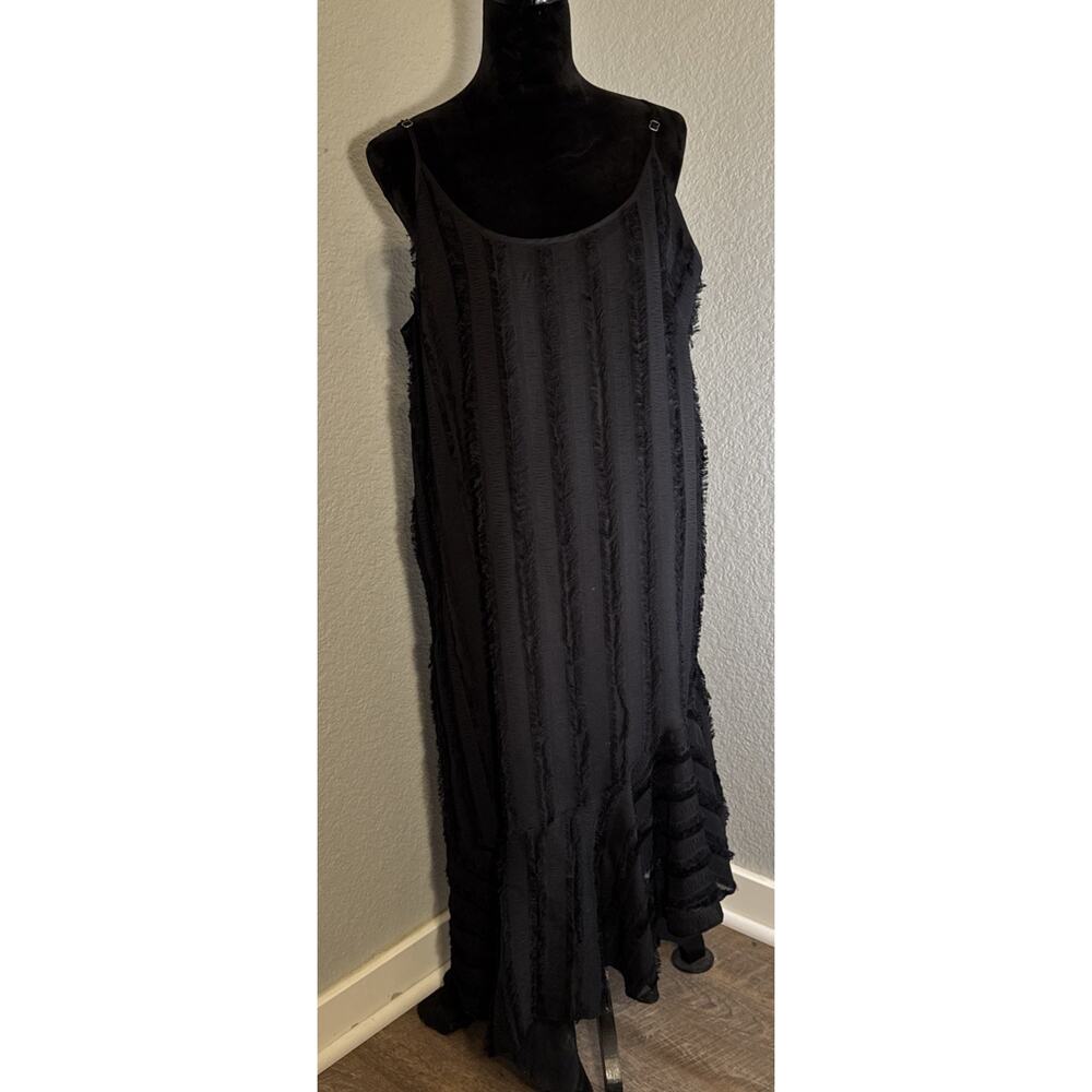 Eri‎ + Ali Asymmetrical Dress XL Black Ruffle Fringe Maxi Spaghetti Strap Dress